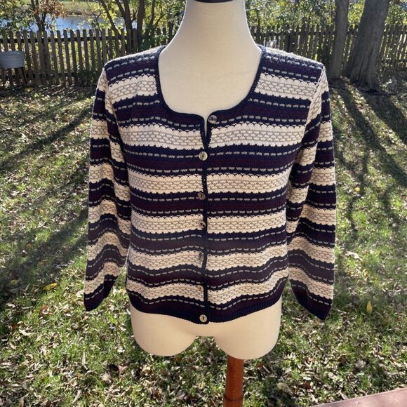Reba Rose Striped Acrylic Knit Cardigan Sweater Purple & Cream Womens Medium - Picture 1 of 9